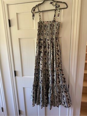 Tory Burch White Floral Tiered Midi Sundress with Navy and Pink Accents